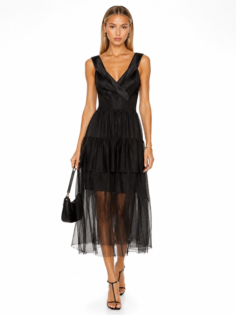 Ballerina Chic Trendy Black V-Neck Tiered Tulle Midi Dress Large New